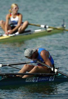 Elena Andrussova of Russia shows the pain after placing last in rep 3 of the women's single scull at the Zurich Rowing World Cup event in Munich, Germany. Only the first three places advanced to the